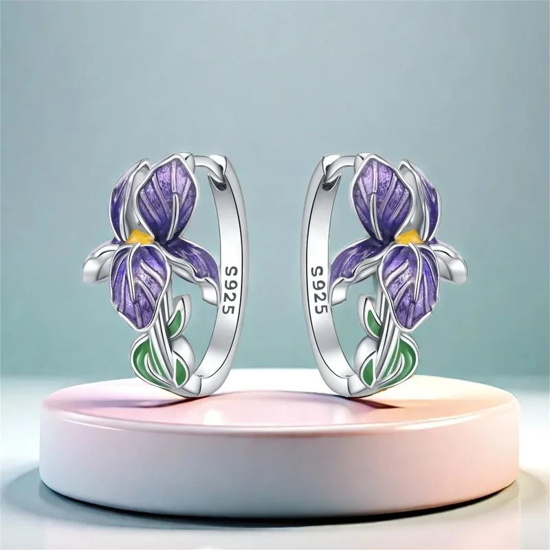 Purple Iris Floral Crystal Earrings for Women