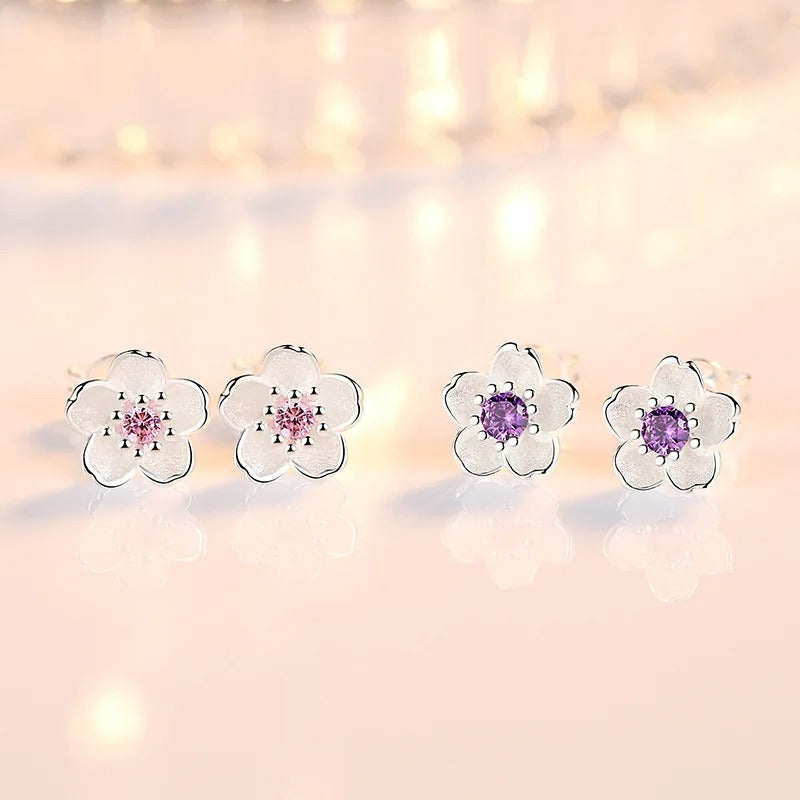 Pink Purple Floral Crystal Stud Earrings for Women