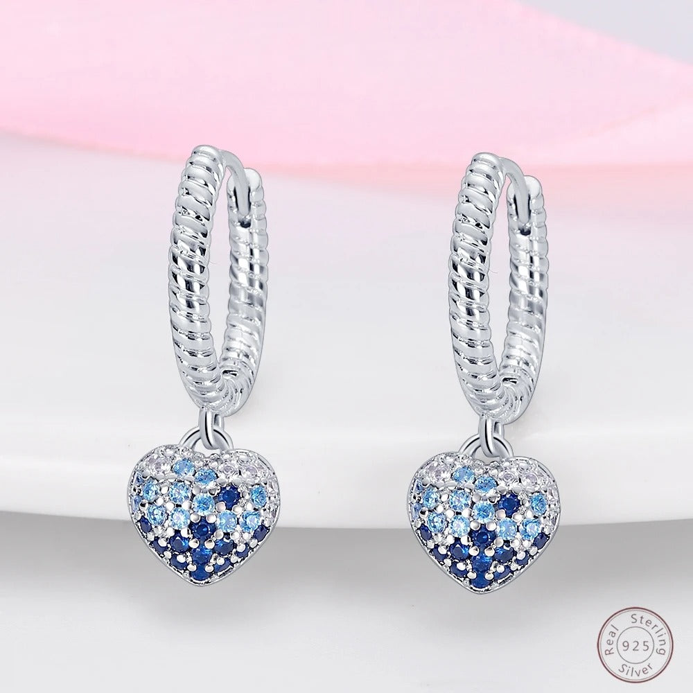 925 Sterling Silver Blue Zircon Heart Earrings