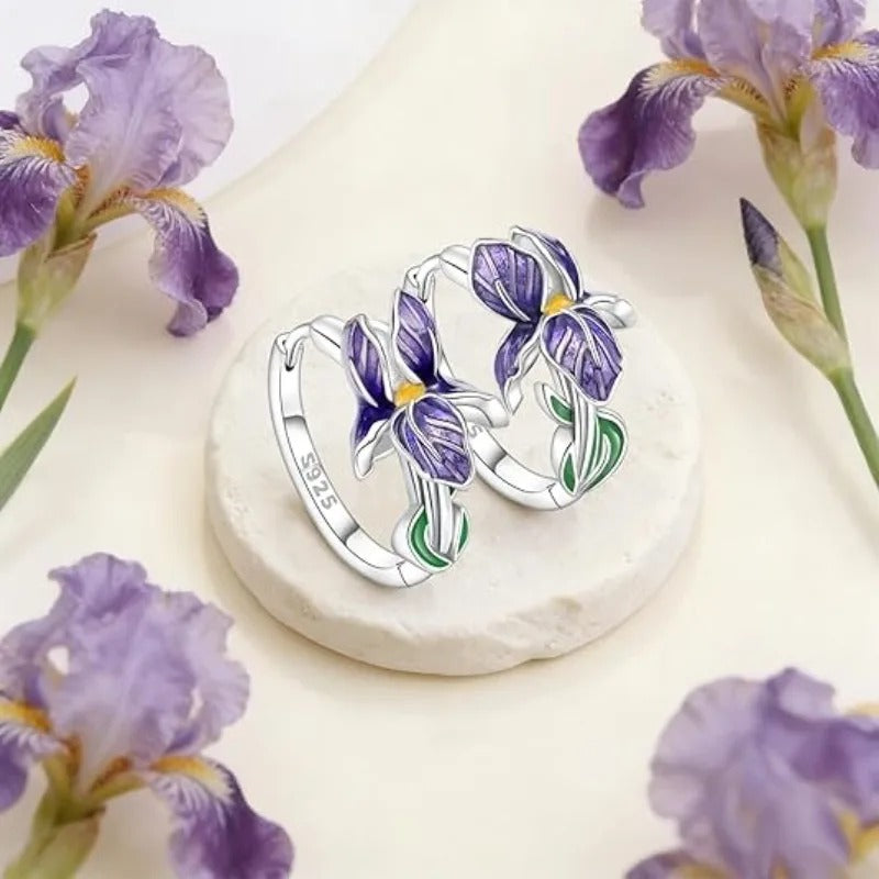 Purple Iris Floral Crystal Earrings for Women