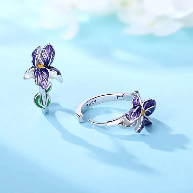 Purple Iris Floral Crystal Earrings for Women